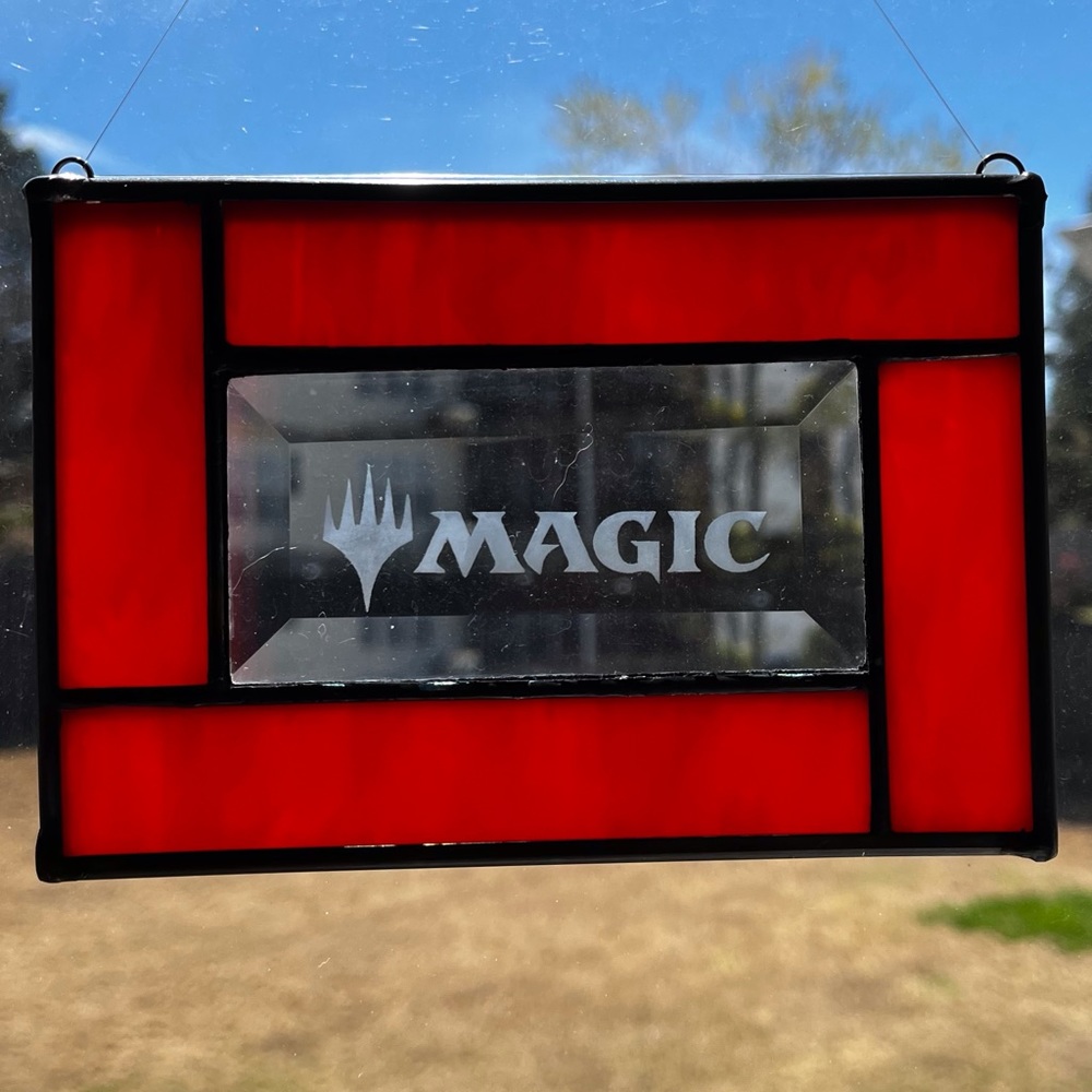 Handcrafted, handmade Stained Glass Magic MTG Red Glass Border Etched Bevel